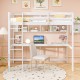 Loft bed in white featuring a spacious integrated desk and floating shelves, perfect for studying in small spaces.