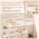 Twin size loft bed with integrated desk and shelves, featuring full-length guardrails for secure sleeping in white.