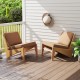 Set of two outdoor patio chairs with brown cushions, crafted from breathable olefin fabric for comfortable relaxation.