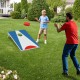 Portable 3 x 2FT cornhole board set in blue with foldable legs, featuring a child tossing a bean bag in a backyard.
