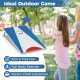 Portable 3 x 2FT cornhole board set in blue with foldable legs, ideal for outdoor aim & toss fun and family interaction.