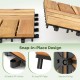 Close-up of acacia wood interlocking deck tiles showcasing snap-in-place design and elastic joints for secure fitting.