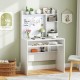 Compact office computer desk in white with hutch, adjustable shelves, and pull-out keyboard tray for organized.