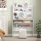 Compact white office computer desk with hutch, featuring a magnetic whiteboard and adjustable shelves for organized.