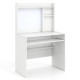 Compact white office computer desk with hutch and magnetic whiteboard, featuring adjustable shelves and pull-out.