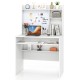 Compact white office computer desk with hutch, featuring a whiteboard, adjustable shelf, and pull-out keyboard tray.