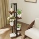Tall 6-tier rustic brown wood plant stand with black metal frame, perfect for displaying indoor plants elegantly.