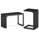 Set of 2 black C-shaped end tables with adjustable foot pads, ideal for indoor and outdoor use, space-saving design.