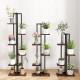 Three tall rustic brown plant stands with various tiers displaying indoor plants, perfect for stylish organization.