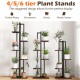 6-tier rustic brown plant stand with staggered design for displaying potted plants and ornaments indoors.