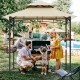 Outdoor grill gazebo with beige canopy, featuring two side shelves, hooks, and a sturdy frame for grilling convenience.