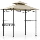Outdoor grill gazebo with beige vented canopy, two side shelves, and ten hooks for tool organization.