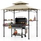 Outdoor grill gazebo with beige canopy, two side shelves, and ten hooks for organized grilling tools and storage.