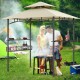 Outdoor grill gazebo with beige canopy, two side shelves, and hooks for tools, perfect for backyard grilling.