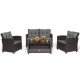 4-piece patio rattan furniture set with gray cushions, including a coffee table, loveseat, and two single sofas for.