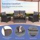 4-piece gray patio rattan furniture set featuring a coffee table, loveseat, and two single sofas for outdoor relaxation.