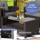 Coffee table with tempered glass top and open shelf, made of brown PE rattan, ideal for outdoor patio use.