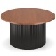 Round coffee table with walnut wooden top and black wave-shaped base, offering ample storage and elegant design.