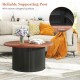 Round coffee table with walnut wooden top and wave-shaped support post, perfect for versatile room settings.
