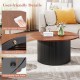 Round coffee table with walnut wooden top, solid wood frame, and adjustable foot pads for stability and easy cleaning.
