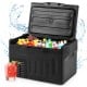 12 Volt car refrigerator with adjustable temperature, holding 24 cans, ideal for camping and travel with LED lights.