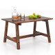 Solid wood patio table showcasing rich brown tones and a slatted tabletop, perfect for drinks and snacks on the porch.