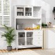 White kitchen pantry storage cabinet with LED lights, power outlets, and shatterproof glass doors for stylish.