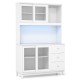 White kitchen pantry storage cabinet with LED lights, power outlets, and glass doors for stylish organization.