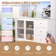 Kitchen pantry storage cabinet in white with LED lights, adjustable shelves, and power outlets for versatile storage.