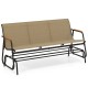 Patio glider bench with curved teak armrests and breathable fabric seat, designed for 3 people, perfect for outdoor.