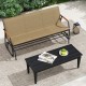Top view of a patio glider bench with a breathable fabric seat and curved teak armrests, ideal for relaxing outdoors.