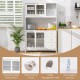 Kitchen pantry storage cabinet in white with tempered glass doors, LED lights, and power outlets for modern kitchen.