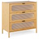 Three-drawer mid-century modern chest of drawers with reeded tempered glass front, crafted from natural bamboo for.