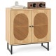 Natural rattan storage cabinet with two doors, adjustable shelf, and sturdy metal legs for stylish organization.