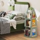 Tree-shaped kids rotating bookshelf in green with 4 open shelves and 6 side shelves for playful storage and.