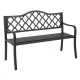 Black 50.5-inch patio bench with curved armrests, designed for 2-3 people, featuring elegant backrest patterns.