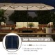 15.5 ft beige patio umbrella with solar-powered LED lights, double-sided design for large shade coverage and easy crank.