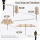 15.5 ft beige patio umbrella with LED solar lights, crank handle, and double-sided design for ample shade coverage.