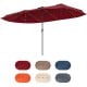 15.5 ft red patio umbrella with LED solar lights, double-sided design, and crank handle for easy operation.