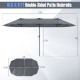 Double-sided 15.5 ft gray patio umbrella with LED solar lights, crank handle, and air vent for enhanced shade coverage.