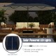 15.5 ft gray patio umbrella with solar-powered LED lights, double-sided design, and crank handle for easy operation.