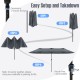 15.5 ft gray patio umbrella with LED solar lights, showing easy setup steps and crank handle for effortless operation.