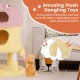 Cute monster-themed cat tower in yellow with plush dangling toys, cozy condos, and sisal scratching post for playful.