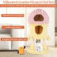 Whimsical monster-themed cat tower in pink and yellow with two condos, sisal scratching post, and plush toys for.