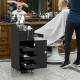 Salon trolley cart in black with 3 pull-out drawers and a slide-out side tray, ideal for mobile storage in salons.