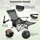 Reclining camping chair in gray with removable footrest, adjustable backrest, and side storage pocket for convenience.