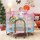 Kids trampoline with basketball hoop and dartboard, 60-inch jumping area, safe design for indoor and outdoor play.