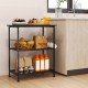 3-tier black kitchen serving cart with sturdy metal construction, featuring shelves and hooks for versatile storage.