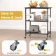 3-tier black kitchen serving cart with 360° swivel wheels and 2 lockable wheels for easy movement and stability.