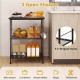 3-tier black kitchen serving cart with 3 open shelves, 5 hooks, and 360-degree swivel wheels for easy mobility.